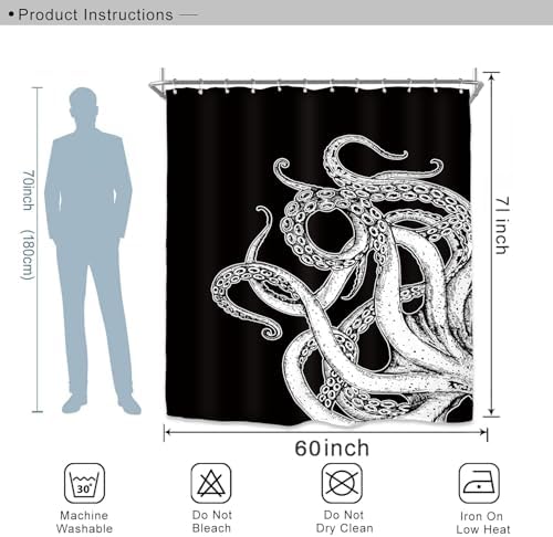 Miyotaa Black White Octopus Shower Curtain Set 60Wx71H Inches Sea Monster Kraken Man Cool Waterproof Bathroom Curtain with 12 Hooks