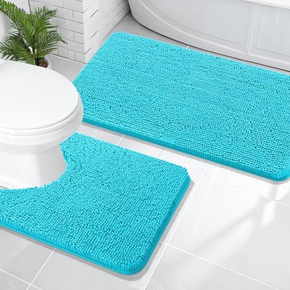 OLANLY Chenille Bathroom Rugs Mats Sets 2 Piece, 47"x20"+24"x20", Aqua Sky