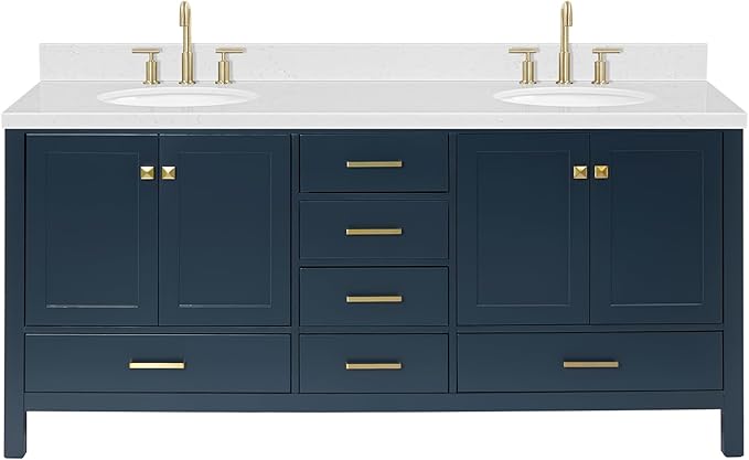 ARIEL Cambridge 72-inch Bathroom Vanity with Sink,Solid Wood, 1.5-inch Carrara White Quartz Countertop, Double Oval Porcelain Sink, 4 Soft Closing Doors, 6 Dovetail Drawers, Midnight Blue