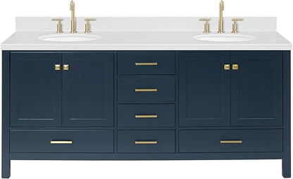 ARIEL Cambridge 72-inch Bathroom Vanity with Sink,Solid Wood, 1.5-inch Carrara White Quartz Countertop, Double Oval Porcelain Sink, 4 Soft Closing Doors, 6 Dovetail Drawers, Midnight Blue