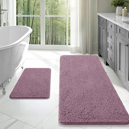 OLANLY Chenille Bathroom Rugs Mats Sets 2 Piece, 47"x20"+24"x16", Deep Plum