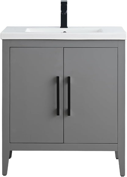 HomeBeyond 30 Inch Bathroom Vanity with Sink & Ceramic Top, Single Vanity Cabinet with Basin, Soft-Closing Doors & Matte Black Hardware, Grey