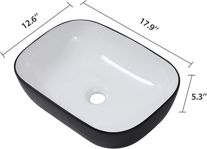 Rectangle Bathroom Vessel Sink 17"x13" Above Counter Vessel Sink | Rectangular Bathroom Above Counter Vessel Sink Black and White Ceramic Porcelain Vanity Sink Art Basin