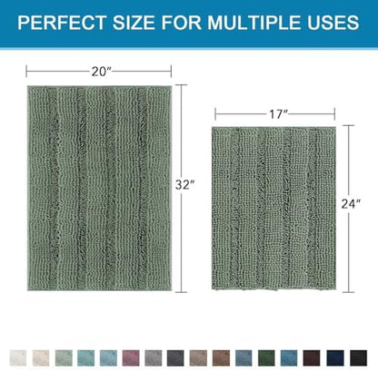 H.VERSAILTEX Bath Mat Set, 2 Piece Bath Mats Non Slip Thick Soft Chenille Striped Bath Rug Set, Bath Mats for Bathroom Sets (Green Bay, 20" x 32"/17" x 24")
