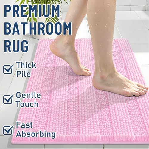 Grandaily Chenille Striped Bathroom Rugs 36x24, Extra Thick and Soft Absorbent Bath Mats, Rubber Backing, Plush Shaggy Shower Carpet, Machine Wash Dry, Bath Rug for Bathroom, Light Pink