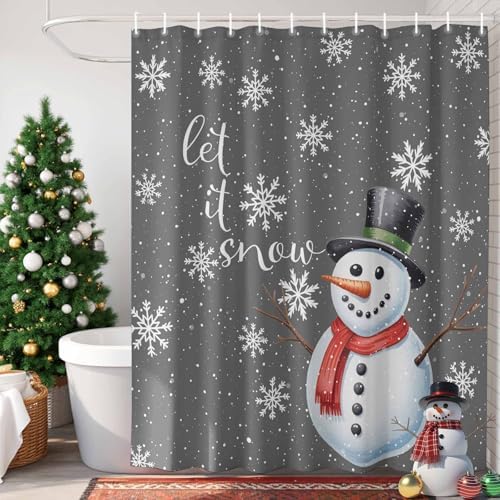 Christmas Snowman Shower Curtain Bathroom Set Xmas Snowflakes Gray Waterproof Shower Curtains with Grommets Hooks Winter Snow Privacy Bath Curtain for Bathtub Decor 60x72in