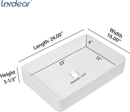 Lordear White Bathroom Sink 24"x16" Rectangle Bathroom Vessel Sink Modern Above Counter White Farmhouse 24 Inch Bathroom Sink Porcelain Ceramic Vanity Sink Art Basin