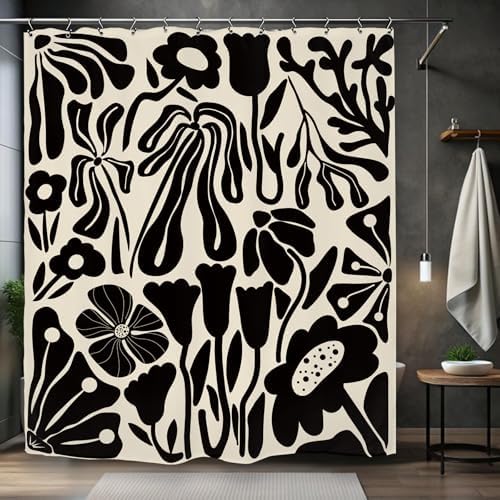 Black Off White Matisse Flower Art Shower Curtain 60Wx72L Inch Abstract Vintage Botanical Blossom Minimalist Neutral Wildflower Bathroom Set Accessories Decor with 12 Pack Hooks