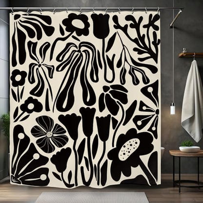 Black Off White Matisse Flower Art Shower Curtain 60Wx72L Inch Abstract Vintage Botanical Blossom Minimalist Neutral Wildflower Bathroom Set Accessories Decor with 12 Pack Hooks