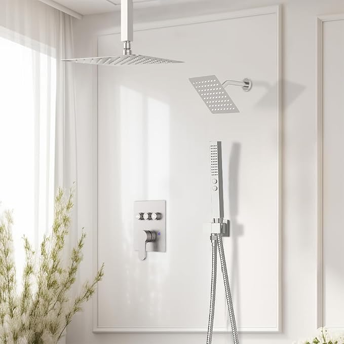Shower Faucet Set Brushed Nickel Shower System,STARBATH 12+6" Rainfall Shower Head with Handheld 2 Spray High Pressure, Push Button Diverter Shower Valve Can Run All Together