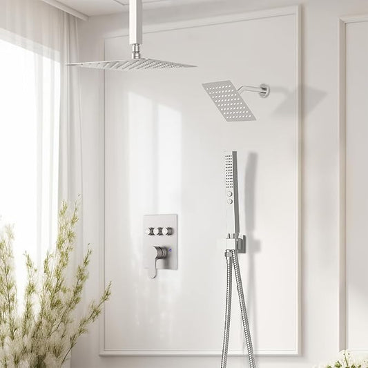 Shower Faucet Set Brushed Nickel Shower System,STARBATH 12+6" Rainfall Shower Head with Handheld 2 Spray High Pressure, Push Button Diverter Shower Valve Can Run All Together