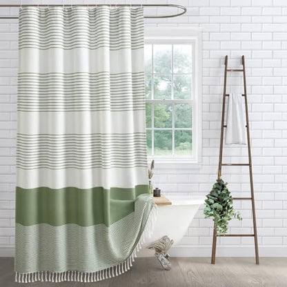 Sage Green Boho Cotton Striped Shower Curtain with Tassel 72"W X 84"L