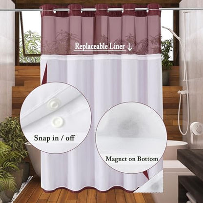 Gibelle No Hook Cloth Burgundy Shower Curtain with Liner, 72x74