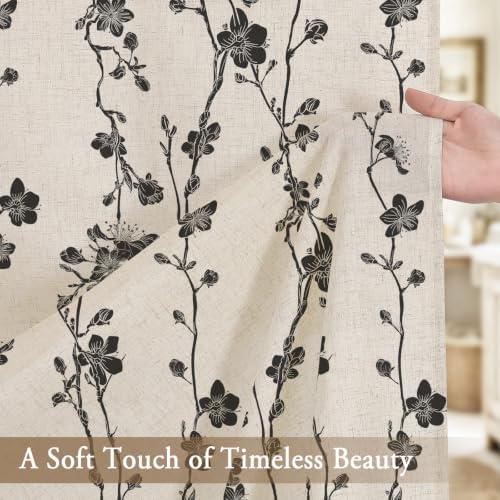 Gibelle Black Farmhouse Linen Shower Curtain, Boho Floral Fabric, 72 x 72