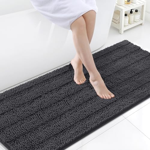 Grandaily Chenille Striped Bathroom Rugs 70x24, Extra Thick and Soft Absorbent Bath Mats, Rubber Backing, Plush Shaggy Shower Carpet, Machine Wash Dry, Bath Rug for Bathroom, Charcoal
