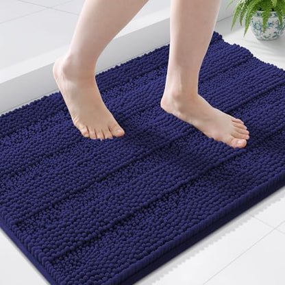 Grandaily Chenille Striped Bathroom Rugs 44x24, Extra Thick and Soft Absorbent Bath Mats, Rubber Backing, Plush Shaggy Shower Carpet, Machine Wash Dry, Bath Rug for Bathroom, Twilight Sapphire