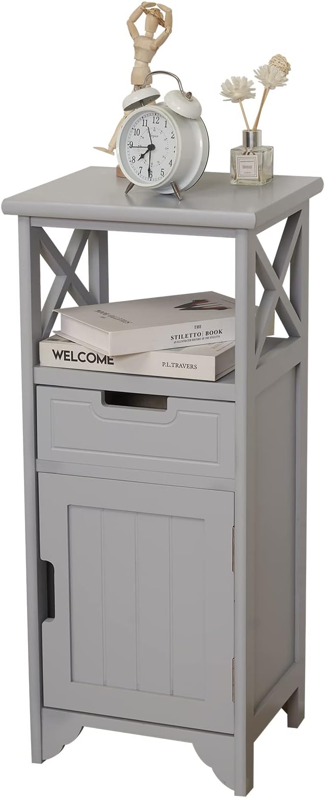 Tall Nightstand with Shelf and Drawer, Narrow End Table with Door for Bathroom Entryway Bedroom Bedroom, Gray | Solid Wood; Fully Assembled; Drawer & Door Storage; Open Shelf; Slim Design; Bathroom Cabinet, Nightstand & Side Table