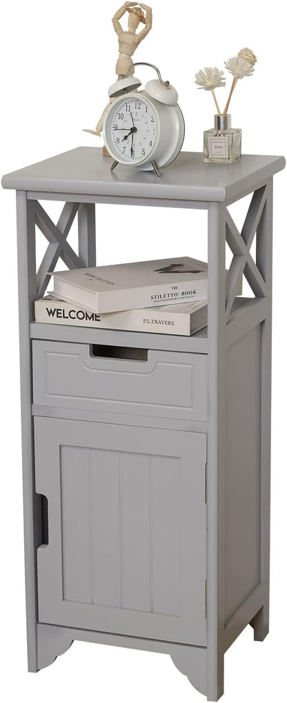 Tall Nightstand with Shelf and Drawer, Narrow End Table with Door for Bathroom Entryway Bedroom Bedroom, Gray | Solid Wood; Fully Assembled; Drawer & Door Storage; Open Shelf; Slim Design; Bathroom Cabinet, Nightstand & Side Table