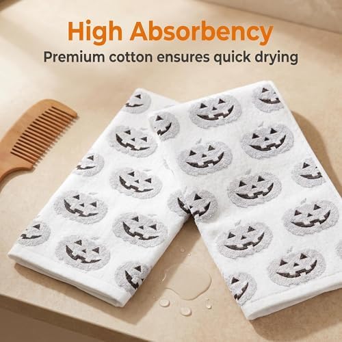 2 Pack Halloween Hand Towels 100% Cotton Jacquard ack-O'-Lantern Halloween Kitchen Towels White Bathroom Towels Set Seasonal Bathroom Decor (White ack-O'-Lantern, Halloween)