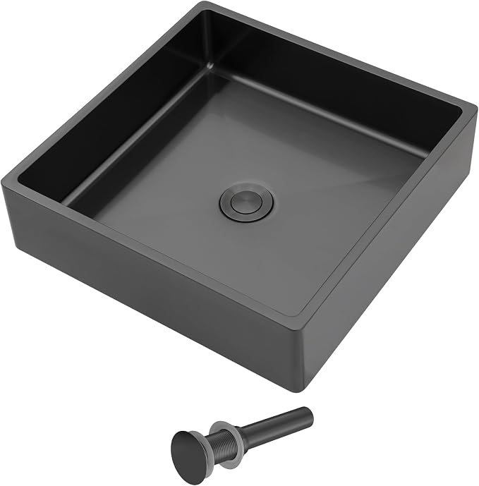 Dcolora 15 In. Black Drop In Bathroom Vessel Sink, 16 Gauge Stainless Steel Vanity Sink with Drain Assembly, R10 Rounded Corners,15”D x 15”W x 4”H #DC-VS261201
