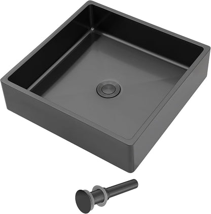 Dcolora 15 In. Black Drop In Bathroom Vessel Sink, 16 Gauge Stainless Steel Vanity Sink with Drain Assembly, R10 Rounded Corners,15”D x 15”W x 4”H #DC-VS261201