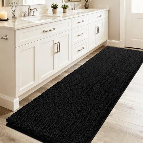 ACCUMTEK Upgrade Luxury Black Bathroom Rug Mat 59"x20", Ultra Soft Thick Absorbent Bath Mats, Non Slip Chenille Toilet Mat for Bathroom, Bedroom, Kitchen, Shower, Tub