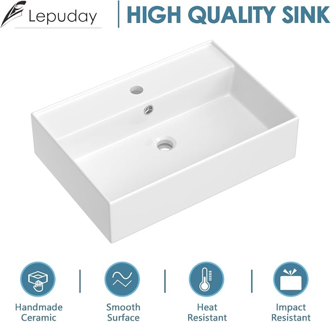 24x16 InchFloating Bathroom Sink Wall Mount Vessel Sink | Floating Wall Hung Sinks Rectangular Modern Vessel Sinks White Porcelain Lavatory Sink for Hotel & Residential Bathroom