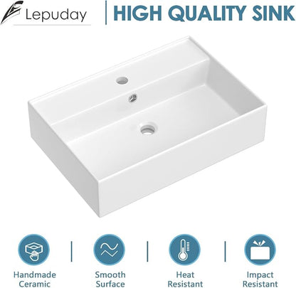 24x16 InchFloating Bathroom Sink Wall Mount Vessel Sink | Floating Wall Hung Sinks Rectangular Modern Vessel Sinks White Porcelain Lavatory Sink for Hotel & Residential Bathroom
