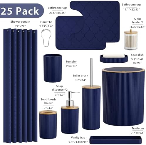 Bathroom Accessories Set 25 PCS, Navy Blue Shower Curtains Set