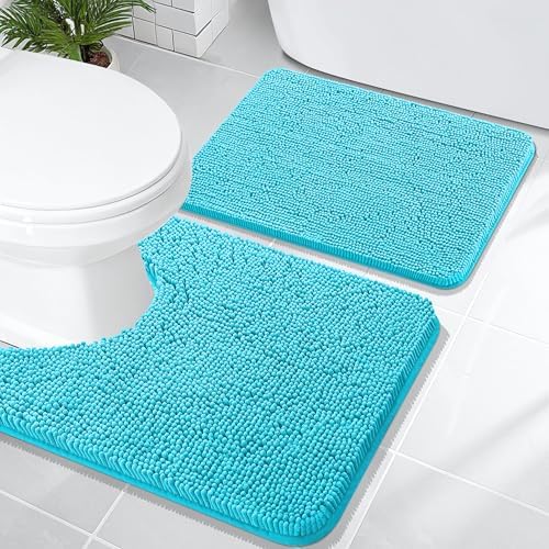 OLANLY Chenille Bathroom Rugs Mats Sets 2 Piece, 24"x16"+24"x20", Aqua Sky