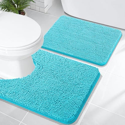 OLANLY Chenille Bathroom Rugs Mats Sets 2 Piece, 24"x16"+24"x20", Aqua Sky