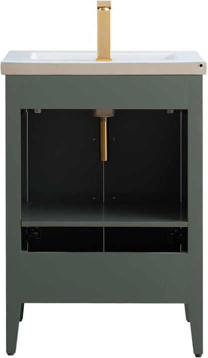 Vanity Art 24 inch Bathroom Vanity with Single Sink & Ceramic Top, Vanity Cabinet with Soft-Closing Doors, Solid Wood Frame, Vintage Green,VA9024-VG-MB1