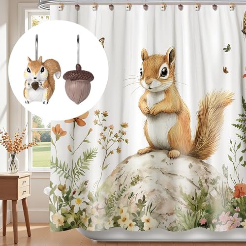 Sunlit Fall Autumn Decorative Shower Curtain Hooks, Chipmunk Acorn Shower Curtain Rings, Resin, Brown Cute Bathroom Curtain Hangers Decoration, Set of 12