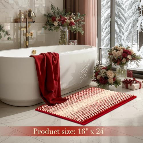 BSICPRO Bathroom Rugs, 17x24 Chenille Bath Mats, Christmas Red