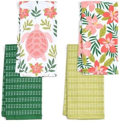 Ritz 4-Piece Kitchen Towel Set, Turtle Foliage & Hibiscus Floral Prints with Pine & Lime Green Textured Terry, 100% Cotton & Absorbent Cotton Blend, 16" x 26", Tropical Coastal Kitchen Decor