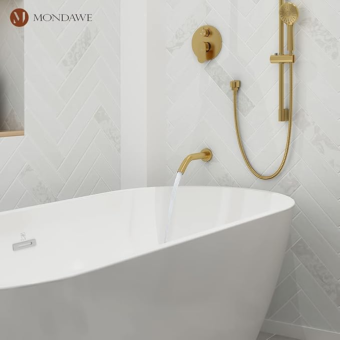 MONDAWE 9 Inch Wall Mounted Shower Faucet Set with Tub Spout in Brushed Gold, Rainfall Shower Head with 3-Setting Handheld Spray Shower Combo, High Pressure Shower System with Solid Brass Valve