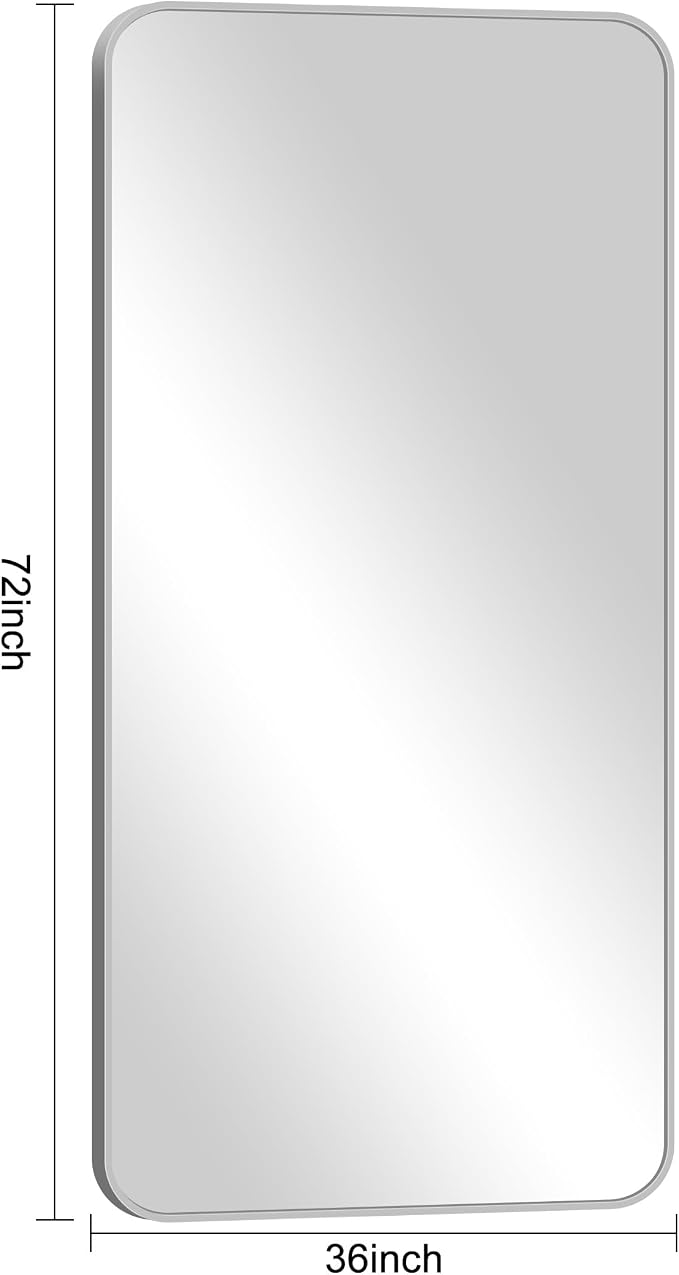 Silver Bathroom Mirror, 72 x 36 Inch Large Rectangle Mirror, Rectangular Vanity Mirror Aluminum Metal Frame, Rounded Corner Wall Mirror for Living Room Bedroom Entryway Horizontal/Vertical