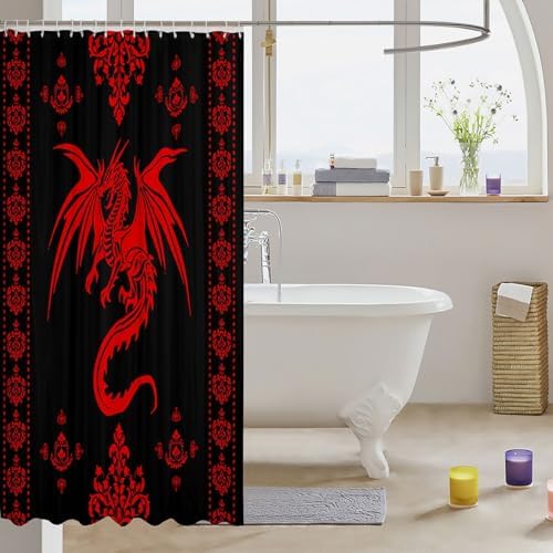Feelyou Dragon Shower Curtain Kids Boys Teens Gothic Damask Paisley Floral Bathroom Waterproof Accessories with 12 Hooks 72x84 Inches Women Bohemian Exotic Animal Theme Room Decor,Red Black