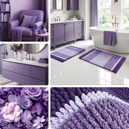 HOMEIDEAS Purple Bathroom Rugs Set of 2, Striped Chenille, 20"x32"+17"x24"