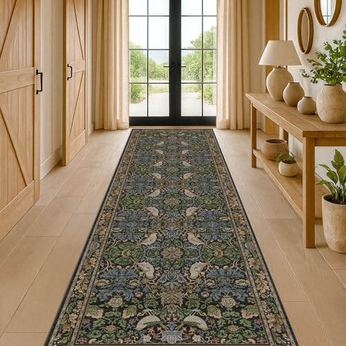 10 ft Long Vintage Runner Rugs for Hallways - 3x10 Wide Kitchen Runners, Entryway Rug, with Flowers and Leaves, Washable Non Slip Low Pile