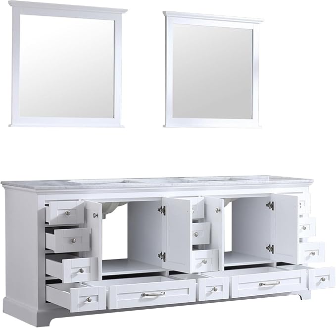 Dukes 84 in. W x 22 in. D White Double Bath Vanity, Carrara Marble Top, and 34 in. Mirrors LD342284DADSM34