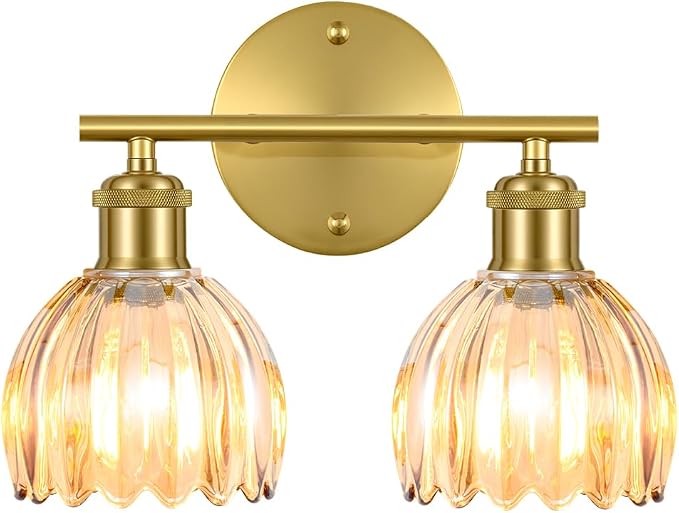 Bathroom Light Fixtures, 2-Light Brushed Gold Vanity Lights for Bathroom with Amber Tulip Glass Shade, 12" Vintage Bathroom Vanity Lighting Fixtures Over Mirror for Bedroom Living Room Hallway