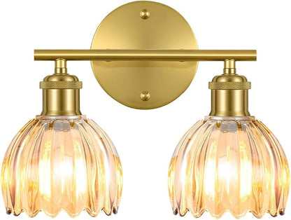 Bathroom Light Fixtures, 2-Light Brushed Gold Vanity Lights for Bathroom with Amber Tulip Glass Shade, 12" Vintage Bathroom Vanity Lighting Fixtures Over Mirror for Bedroom Living Room Hallway