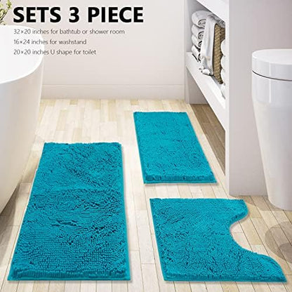 Bathroom Rugs Chenille 3-Piece Extra Soft and Absorbent Shag Bathroom Rugs, Machine Wash Mat, Strong PVC Non-Slip Underside, Plush Carpet Mats (Turquoise)