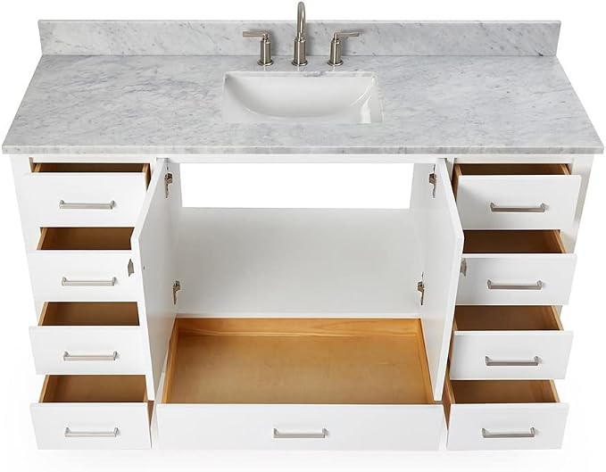 ARIEL Cambridge 60-inch Bathroom Vanity with Sink,Solid Wood, 0.75-inch Italian Carrara Marble Countertop, Single Rectangular Porcelain Sink, 2 Soft Closing Doors, 9 Dovetail Drawers, White