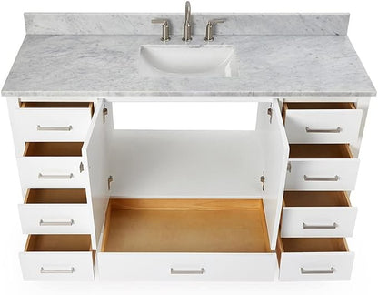 ARIEL Cambridge 60-inch Bathroom Vanity with Sink,Solid Wood, 0.75-inch Italian Carrara Marble Countertop, Single Rectangular Porcelain Sink, 2 Soft Closing Doors, 9 Dovetail Drawers, White