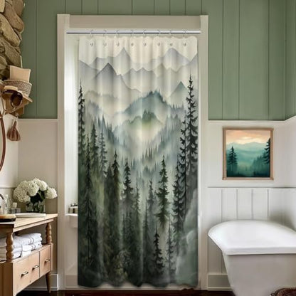 Sage Green Forest Stall Shower Curtain, 48X72 in Narrow Small, Mountain