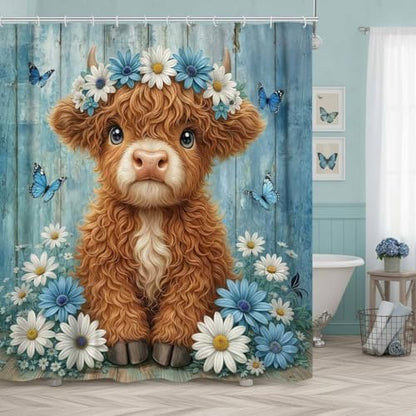 Cute Cow Shower Curtain, Farmhouse Rustic Blue Floral Daisy Highland Cow Shower Curtains for Bathroom, Calf Country Farm Animal Garden Plant Fabric Bathroom Decor with Hooks, 70x75 inch