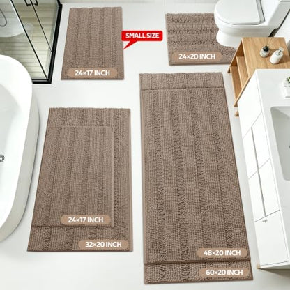 ACCUMTEK Striped Dark Beige Bathroom Rug Mat Set 2 piece 24"x17"+48"x20" Ultra Soft, Non Slip Chenille Bath Rugs, Absorbent Plush Shaggy Bath Mats for Bathroom, Bedroom, Kitchen, Shower, Tub,Taupe