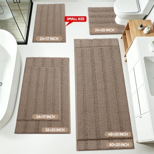 ACCUMTEK Striped Dark Beige Bathroom Rug Mat Set 2 piece 32"x20"+24"x17" Ultra Soft, Non Slip Chenille Bath Rugs, Absorbent Plush Shaggy Bath Mats for Bathroom, Bedroom, Kitchen, Shower, Tub,Taupe